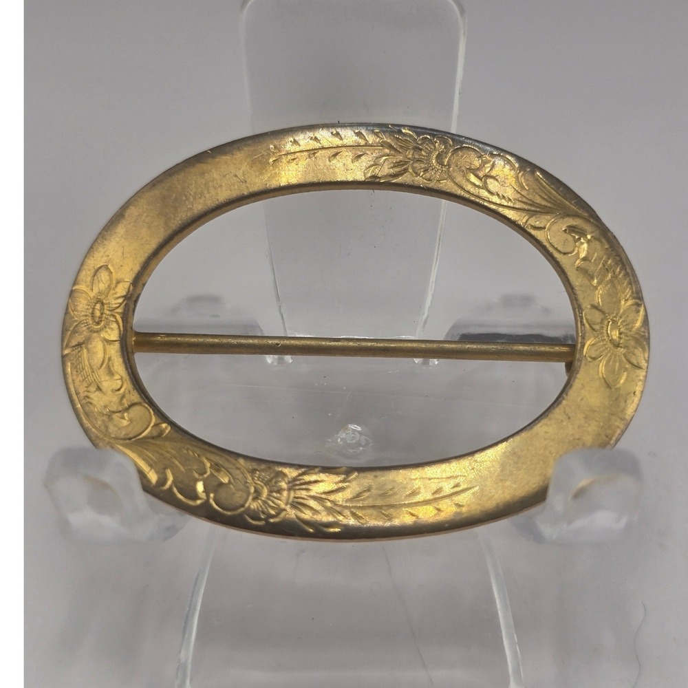 Vintage Victorian Estate Brooch Gold Tone Etched Floral Oval C-Clasp